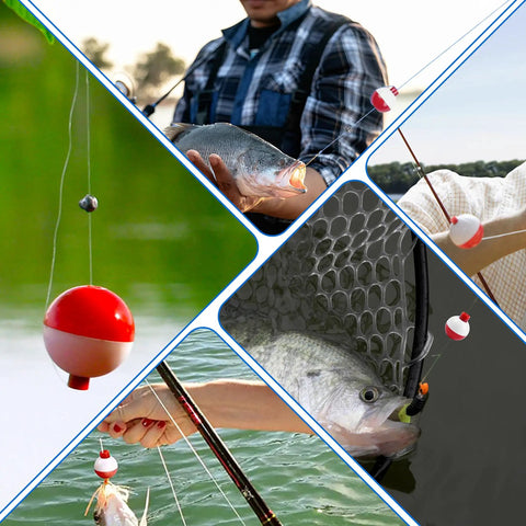 Collage of fishing scenes using All In One Beginner Fishing Tackle Kit With 215 Pieces In An Organized Tackle Box for trout and panfish.