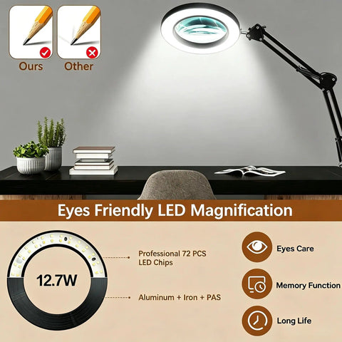 10X Magnifying Glass With Light And Clamp, Hands Free Magnifier Lamp With 72 LEDs over table, highlighting features