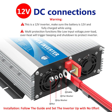 Badass 2000 Watt Power Inverter 12V DC To 110V AC With 4000 Peak Amps showing DC connections and installation details.