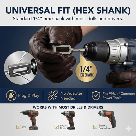 Heavy Duty Electric Drill Wire Twisting Tool With 1/4 Inch Hex Shank shown with standard hex shank fitting into drill.