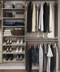 Rock Solid Dual Tower Closet Organizer Kit With Weathered Grey Finish And Slick Wall Mounted Steel Rail System Featuring Game Changing Drawers For Effortless Home Organization And No Fuss Assembly showing organized shelves and hanging clothes.