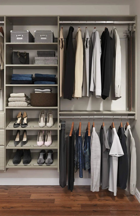 Rock Solid Dual Tower Closet Organizer Kit With Weathered Grey Finish And Slick Wall Mounted Steel Rail System Featuring Game Changing Drawers For Effortless Home Organization And No Fuss Assembly showing organized shelves and hanging clothes.