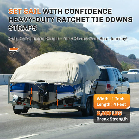Car towing a boat secured with Boat Trailer Transom Tie Down Straps, Heavy Duty 1 Inch By 4 Feet, Retractable Ratchet Straps