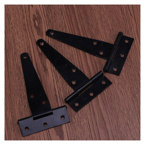 Heavy Duty Black T Shaped Door Hinges 8 Inch 4 Pack for Wooden Fence Warehouse Doors and Sheds shown on wooden background.