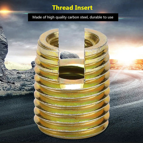20 Pcs Carbon Steel Self Tapping Thread Insert Repair Kit M10x1.5 Outer M14x1.5 Pro Grade Fast Fix For Industrial Machinery, Rail Vehicles, Shipbuilding, Electronics, Aluminum Die Casting, And Tough Furniture Projects, gold thread insert close-up