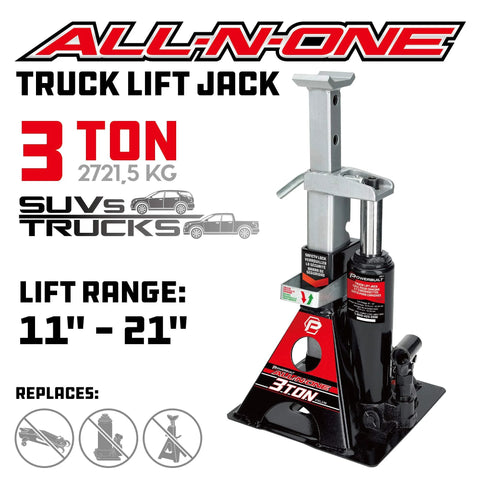 Powerbuilt 3-ton all-in-one hydraulic bottle jack with built-in jack stand; black base and silver lifting post, 11-21 in lift range