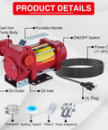 Rock Solid 110 Volt 10 GPM Self Priming Heavy Duty Gasoline Fuel Transfer Pump With Copper Motor details including oil inlet and outlet.