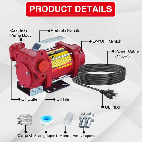 Rock Solid 110 Volt 10 GPM Self Priming Heavy Duty Gasoline Fuel Transfer Pump With Copper Motor details including oil inlet and outlet.
