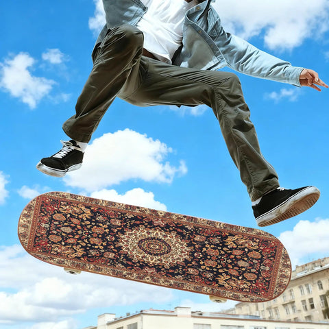 Skater performing trick with Vintage Brown Rug Grip Tape For Skateboard And Longboard Dope 33 By 9 Inch Non Slip Sandpaper Style Retro Aesthetic Grip Tape