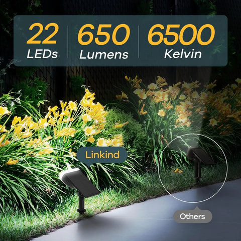 Outdoor Solar Lights IP65 Waterproof Dusk Till Dawn Spotlight Kit With 3 Modes illuminating garden with 22 LEDs, yellow flowers.