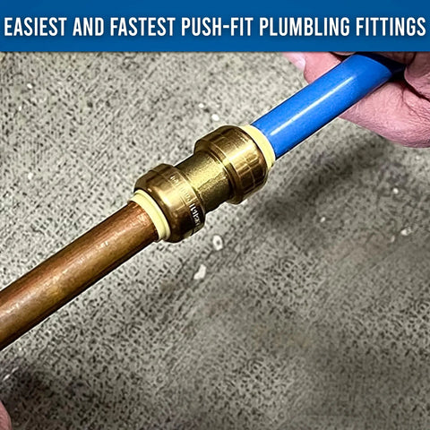 Plug And Play Three Quarter Inch To Three Quarter Inch Push Fit Straight Brass Couplings No Sweat Leak Proof Plumbing Connector Tool Free Pipe Joiner Get It Done Fast Pack Of Twenty Pieces attached to copper and blue plastic pipe.