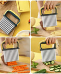 Cuworlis 2-pack crinkle cutter with stainless steel ridged blades and yellow handles, front view cutting potatoes