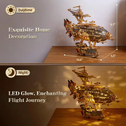 LED 3D Wood Puzzle Airship Model For Teens And Adults Steampunk DIY Craft Kit With LED Lights Totally Epic Intricate Wooden Airship Build Fantasy Sky Craft Gray Edition displayed with dimensions.