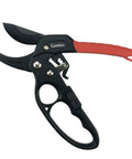 Badass Heavy Duty Anvil Pruning Shears 8 Inch Blade Ratchet Action Pruner For Rose Bushes with red ergonomic grip.