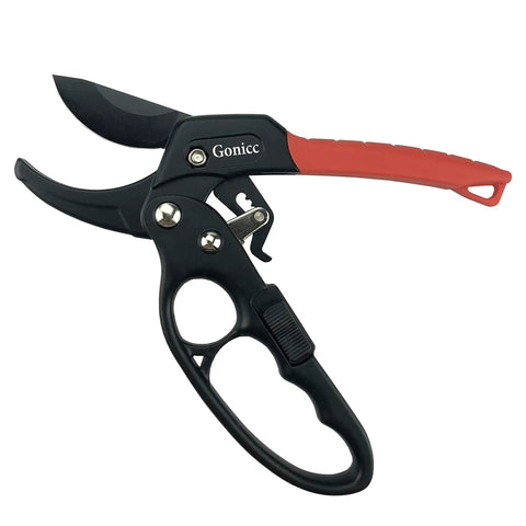 Badass Heavy Duty Anvil Pruning Shears 8 Inch Blade Ratchet Action Pruner For Rose Bushes with red ergonomic grip.