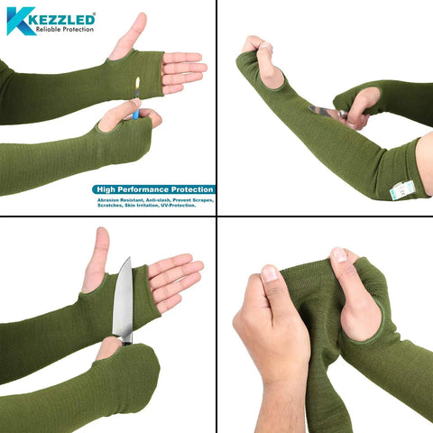 Top Shelf Kevlar Arm Sleeves With Thumb Holes Cut Scratch And Heat Resistant Long Arm Protective Guards full coverage green sleeves in use with knife and flame