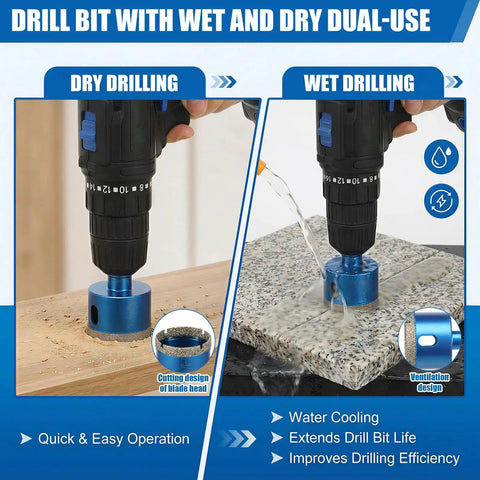 10 Pcs Diamond Hole Saw Kit With Vacuum Brazed Tile Drill Bits For Porcelain And Granite Cutting Dry Or Wet Sizes 1/4 To 2 Inch For Hand Drills And Bench Drills Super Durable Set, dry and wet use