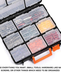 Open detachable 16 section toolbox with 13.5 inch removable toolbox dual sided storage, filled with assorted tools and fasteners.