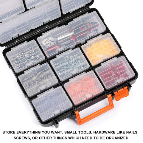 Open detachable 16 section toolbox with 13.5 inch removable toolbox dual sided storage, filled with assorted tools and fasteners.