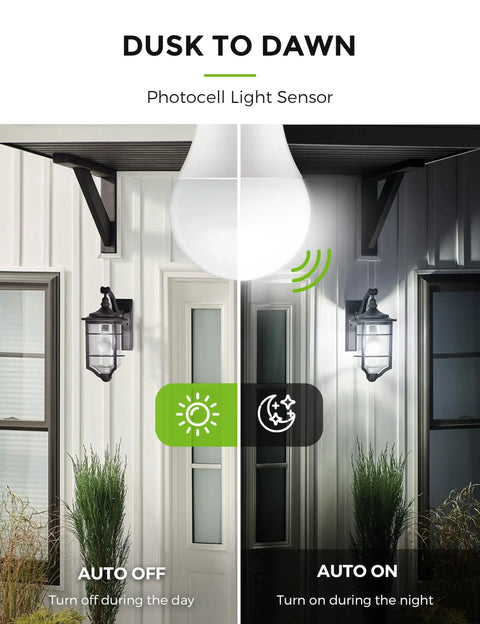 Outdoor A19 LED Dusk Till Dawn Light Bulbs With Photocell Sensor, 5000K Daylight 900 Lumens, 9W, auto on off garage porch