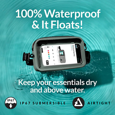100 Percent Waterproof Fanny Pack For Beach And Travel floating in water with phone inside, showcasing airtight zipper and IP67 submersible feature.