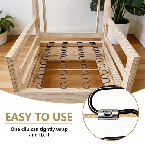 Heavy Duty Upholstery Stay Wire And Sofa Spring Repair Kit With 120 Sturdy Clips For No Sweat Couch Fixes 50 Feet Paper Wrapped Wire clips securing sofa springs.
