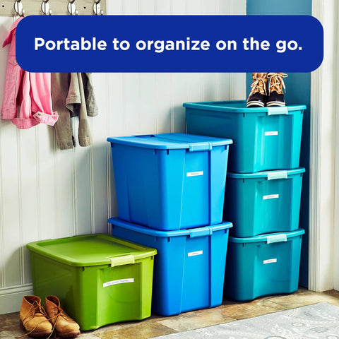Stacked blue and green storage bins labeled with P-Touch PTD220 Label Maker for home office use in a small entryway.