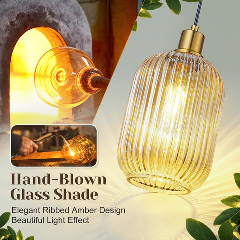 Two Pack Top Tier Amber Cylinder Pendant Lights With Vintage Ribbed Hand Blown Glass And Brushed Gold Adjustable Fixtures Serving Big Kitchen Island Or Dining Room Vibes with hand-blown glass detail.