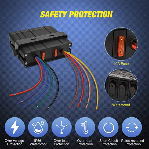 Beefy 6 Gang Rocker Switch Box Panel For Automotive And Boats 12V 24V SPST Toggle Switches with colored wiring and safety icons