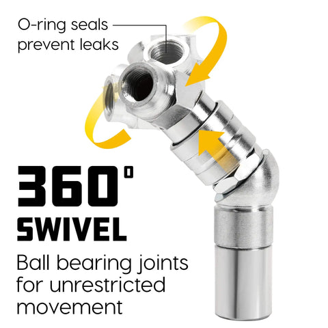 360 Degree Swivel Grease Gun Coupler With 45 Degree Angle For Easy Access To Most Grease Fittings, 6000 PSI Working Pressure, Ball Bearing Joints, O Ring Seals Keep Leaks In Check, Built Tough Grease Fitting Connector. 360° swivel view with O-ring seals and ball bearing joints