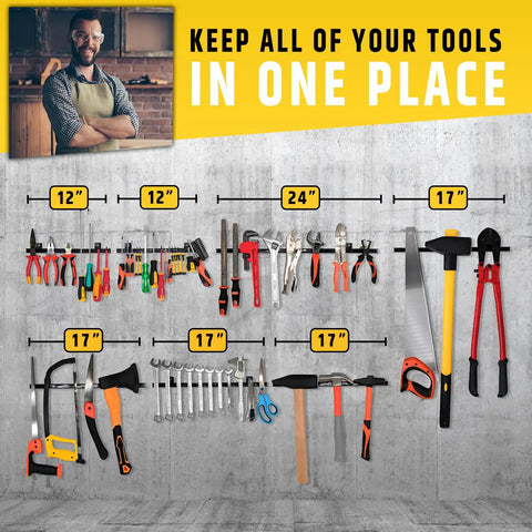 12 Inch Heavy Duty Magnetic Tool Holders 4 Pack 48 Inches Total Length holding assorted tools on a wall for workshop organization