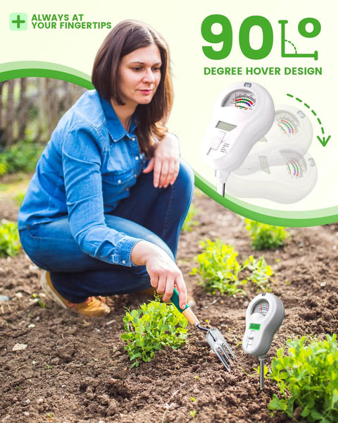 Woman using 6 In 1 Soil Tester With Three Probes For Moisture, PH, Fertility, Sunlight, Temperature And Humidity in garden