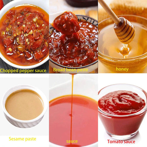 Heavy Duty 100 To 1000 ML Paste Filling Mixing Machine With Horizontal Heating Hopper And Pneumatic Liquid Filler Built Real Tough For Sauces Creams Oils Using 304 Stainless Steel A Straight Up Workhorse with various sauces in bowls.