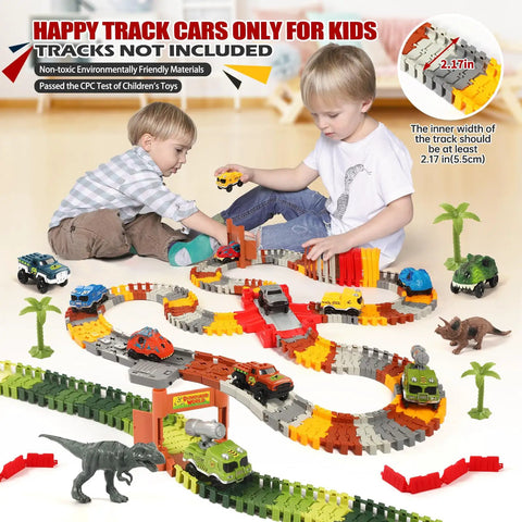 Kids playing with Glow In The Dark Car Track Cars 3 Pack With LED Lights Replacement Track Cars For Kids on a colorful track.