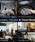 Collage showing Hidden Camera Detector Pro For Travel And Home Spy Camera Finder in various settings like hotels and offices.