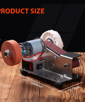 Super Slick Mini Belt Sander With Seven Adjustable Speed Settings For Knife Sharpening And Woodworking Or Light Metal Grinding No Fuss Compact Power Tool dimensions showing motor, sanding wheels, and stainless base.