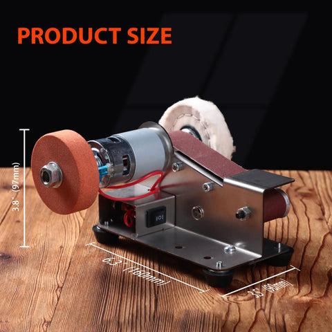 Super Slick Mini Belt Sander With Seven Adjustable Speed Settings For Knife Sharpening And Woodworking Or Light Metal Grinding No Fuss Compact Power Tool dimensions showing motor, sanding wheels, and stainless base.