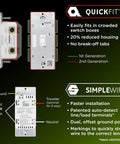 Slick Z Wave Long Range Dimmer Switch With Classic Toggle Design showcasing QuickFit and SimpleWire technology features.