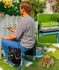 Man sitting on Wide 10 Inch Taller Garden Kneeler And Seat Folding Stool With Dual Use Two Tool Pouches EVA Foam Pad And NBR Cushion