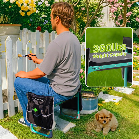 Man sitting on Wide 10 Inch Taller Garden Kneeler And Seat Folding Stool With Dual Use Two Tool Pouches EVA Foam Pad And NBR Cushion