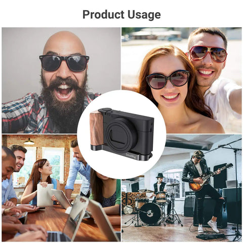 L Shape Bracket With Wooden Grip For Sony RX100 III IV V VA VI VII Cameras Vlog Ready Handheld Rig with usage scenes.