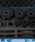 6-Piece Dimple Die Set Tool Kit for Conduit Knockouts, Pro Grade, Heavy Duty, with hole sizes 0.86 to 2.36 inches, in case view