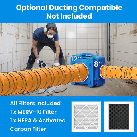 Shield-550 Air Scrubber 550 CFM With 3-Stage Filtration, Negative Air Machine in use with orange ducting on construction site