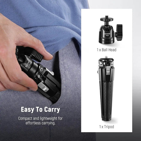 Person holding Go-To Mini Metal Table Tripod with 360 Degree Ball Head, compact and portable for travel, supports vertical recording.