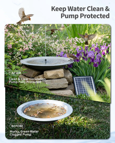 Sun Powered Pond Filter With Fountain Pump Kit 4W Solar Water Pump Nozzles And PVC Tubing For Bird Bath Water Garden Fish Tank And Cool Backyard Decor showing clean and dirty birdbath comparison.