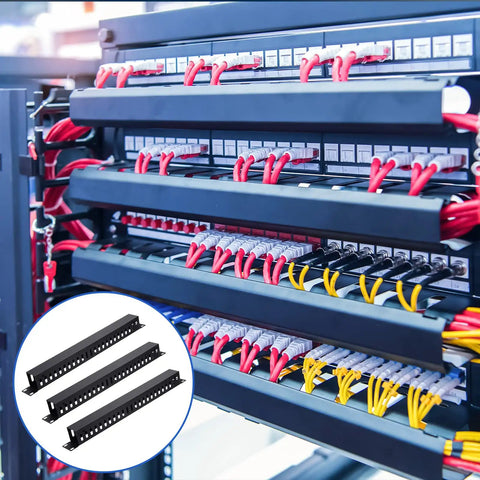 8 Piece 19 Inch Rack Cable Management Kit For 1U 24 Slot Horizontal Server Mount Organizer Duct in use on data center rack
