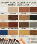 16-color wood filler stick chart showing colors like white oak, mahogany, walnut, maple, black, for furniture and floor repair.