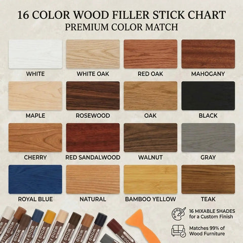 16-color wood filler stick chart showing colors like white oak, mahogany, walnut, maple, black, for furniture and floor repair.