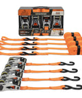 SmartStraps 14Ft Premium Ratchet Strap Set 4 Pack For Hauling Heavy Loads With 3000 Lbs Break Strength displayed with organizer case