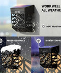 Halloween Solar Deck Lights Outdoor Waterproof LED Garden Decor 4 Pack in warm white, showing weather resistance in sun, snow, rain.